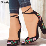 Women High Heels Pumps Embroidered Frosted Ankle Strap Shoes Female Shoes Sexy Lace-up Casual Zapatos Mujer Primavera