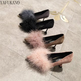 Sweet Furry Fur Pointed Toe Shallow Mouth High Heels Suede Stiletto Ladies Pumps Pink Fairy Style Party Wedding