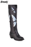 Big Size 34-43 Women Knee High Boots Cowboy Autumn Thick High Heels Pointed Toe Retro Butterfly Long Boots Shoes