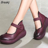 Spring Genuine Leather Women Pumps Platform Wedges Round Toes Ankle Strap High Heel Women