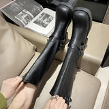Belt Buckle Gothic Boots for Women Brown Thick Heels Knee High Combat Boots Woman Plus Size 42 Punk Long Botas