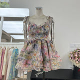 Summer Beautiful Age-Depered Printing Eugen Yarn Strap Shoulder Strap Ponpong Cake Dress Short