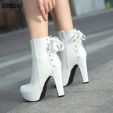 2019 Fashion Women Ankle Boots High Heels Platform Motorcycle Boots Fashion Lace-up White Black Ladies Shoes