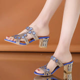 New 2023 Rhinestone Slippers Ladies Chunky Heels Hollow Casual Slippers Fashion Beach Shoes Woman Sandalias De