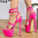 Model Catwalk Sexy Thin High Heels Women Fashion Rhinestone Buckle Open Toe Ankle Strap Platform Sandals Shoes