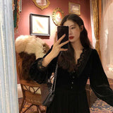 Vintage Dress Women Lace Velvet Black Elegant Party Dress Female Autumn 2023 High Waist Long Sleeve Midi Gothic