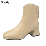 Winter Women's Boots Square Toe Solid Pu Leather Fashion Ankle Shoe Ladies Black Heels Outdoor Party Women High