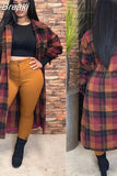 Elegant Office Lady Button Long Top Women Turndown Collar Long Sleeve Loose Jacket Fall Winter Plaid Print Coat