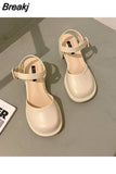 Heels African Woman Shoe Leather Women's Shoes Basketball Platform Round Toe Chunky Sandals Mary Jane 2023 Branded