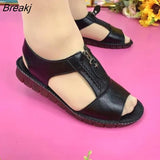Women Sandals Zipper Flat Soft Pu Leather Sole Comfy Sandalias Summer Casual Mother Shoes Solid Color Plus Size Chaussure