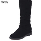 Spring Women Boots Matte Flock Boots For Female Ladies Height Increased Low Heel Shoes Lady Mid Calf High Boots Plus
