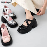 High Heels Platform Pumps Women 2023 Autumn Bowtie Crossed Straps Mary Jane Shoes Woman Pu Leather Thick Heeled Jk