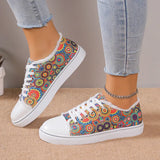 Size 43 Women's Flat Shoes 2024 New Sunflower Print Casual Lace Up Canvas Shoes Outdoor Versatile Walking Vulcanized