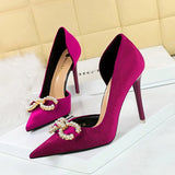 Breakj 79 Banquet Women's Shoes High Heel Suede Shallow Tip Side Hollow Water Diamond Buckle Pearl Bow Single