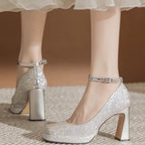 Breakj Thick With New Mary Jane Crystal Shoes A Word Button Wedding Shoes Bride Shoes Small Square Head High Heels