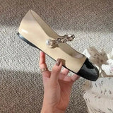 Spring Autumn Style Small Fragrance Pearl Flat Bottom Mary Jane Leather Shoes Thick Heel Thick Bottom Single Shoes