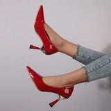 Woman 2024 Trend New Summer Red Heels Elegant Woman Black Heeled Pointed Toe Pumps Dress Leather White Ladies