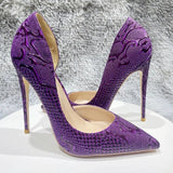 Purple Embossed Crocodile Effect Women Pointy Toe Slip On High Heel Shoes for Party Sexy Ladies Dress Stiletto
