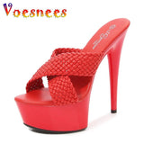 Size Platform High Heels Summer Fashion Outdoor Slippers Women Party Shoes High-Quality T-Runway Weave Sandals Mules