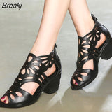 New Real Cowhide Hollow Summer Women Sandals Fashion Leather Sandals 2022 Summer Thick Heel Rome Shoes Woman