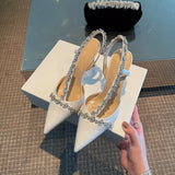 Temperament French Small Heels Socialite Pointed Single Shoes Fairies White High Heels Fine Heels Water Drill Baotou Sandals Women's