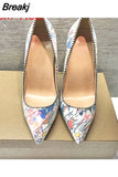 Women 12cm High Heels Pointed Toe Shallow Party Wedding Fashion Print Dress Shoes Plus Size BM002