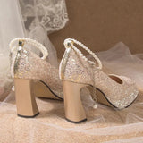 2023 Luxury Glitter Sequins Pumps Women Pearls Strap Bling Wedding Party Shoes Woman Square Toe High Heels Shoes