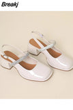 Sandals Med Buckle Strap Black Shoes for Women Square Toe High Heels New Medium Fashion Beige Rhinestone Summer Closed