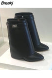 Design Shark Lock Women Boots Sexy Slip-on Knee High Boots For Woman Motorcycle Botas Mujer Genuine Leather Wedge