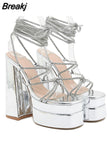 Chunky High Heels Women Sandals 2023 Hot Fashion European Style Sexy Rhinestone Sandals Strappy Women Shoes Party