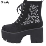 Flower Platform Boots Chunky Punk Suede Leather Womens Gothic Shoes Lace Up Back Zipper High Quality Black Boots