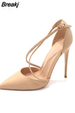 Women Patent PU Cross Strap Stiletto Pumps Pointed Toe 10cm High Heels for Elegant Ladies Chic Dress Shoes QP101