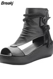 Black Women Leather Sandals Cool Boots Platform Shoes Wedges Sandals Women Shoes Fashion Outdoor