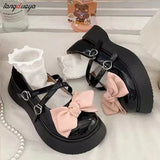 Lace Bowknot White Lolita Shoes Women 2023 Heart Buckle Platform Mary Janes Woman Japanese Style Patent Leather Jk
