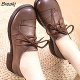 Platform Shoes Women Genuine Cow Leather Round Toe Sewing Lace-Up Flats Chunky Sole Ladies Low Heels Shoes
