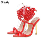 Women's Sexy High Heels Plus Size Sandals Female Cross-Tied Pointed Toe Summer Red Party Shoes Ladies Fashion