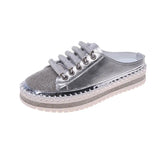 Baotou Semi-Slippers For Women's Spring And Summer New Flat-Bottomed Water Drill Thick-Soled Lazy Casual