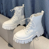 Chunky Platform Ankle Boots Women Pu Leather Square Heels Combat Boots Woman Lace Up White Black Short Booties