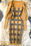 Women knit two piece set plaid print spaghetti strap bodycon mini dress and long sleeve knit cardigan suits womens clothing