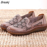 Ladies Genuine Leather Breathable Woman Summer Shoes 2023 Slip-On Hollow Out Comfortable Female Flat Shoes
