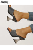 Transparent High Heel Sandals New Square Toe Chunky Heel Rhinestone Sexy High Heels Ankle-Strap Open Toe