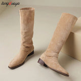 High Quality Pleated Boots Women Black Nude Faux Suede Flock Knee High Boots Ladies Flat Autumn Winter Dress Shoes size
