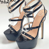 Model Catwalk Sexy Thin High Heels Women Fashion Rhinestone Buckle Open Toe Ankle Strap Platform Sandals Shoes