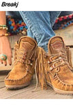 Women Ankle Boots Ladies Suede Shoes Tassel Single Boots Pop Tide Silp-on Boho Boots Women Flat Shoes Cowboy Shoes Short