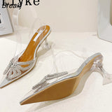 PVC Transparent Shoes Sexy Crystal Rhinestones Pointed Toe Strange Clear Heels For Women Mules Sandals Elegant Dress