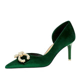 Breakj 79 Banquet Women's Shoes High Heel Suede Shallow Tip Side Hollow Water Diamond Buckle Pearl Bow Single