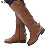 Women Knee Boots Thick Heels Zipper Lace Up Women's Buckle Shoes Woman Fashion Boot Punk Female Platform Boots Autumn Winter