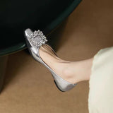 Women Flats Single Shoes Spring Autumn Solid Pu Rhinestone Mary Jane Shoes Casual Ladies Slip on Loafers Sliver Gold