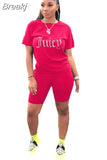 Juicy Print Tracksuit Women Round Neck Short Sleeve Tshirt And Shorts Two Piece Sets Summer Sporty Fitness Outfits