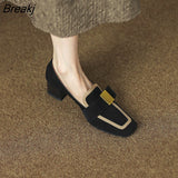 New French Retro Color Matching Single Shoes Women's Square Toe Small Leather Shoes Leather Medium Thick Heel